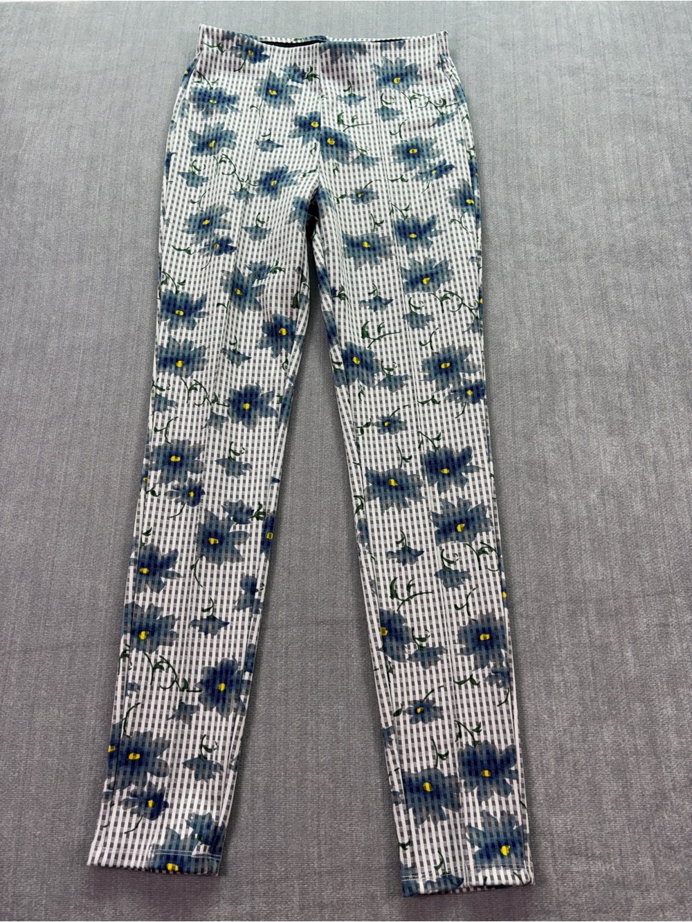 Nanette Lepore Checkered Leggings with Blue Floral Print Pleated Stretch Size S